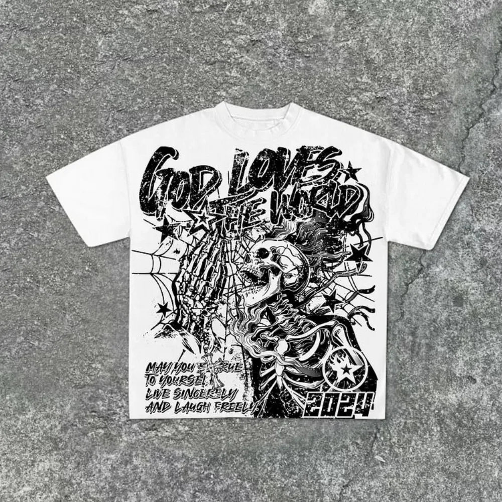 Fashionable new men's personalized skull graffiti print, comfortable and breathable round neck T-shirt outdoor street style top